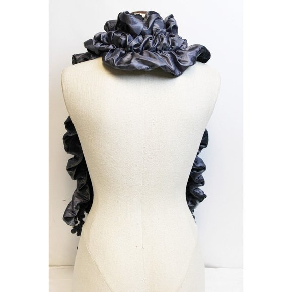 Grey Velvet Knit Reversible Scarf Ruffled Satin Stretch Fringe Goth Victorian - Picture 4 of 7